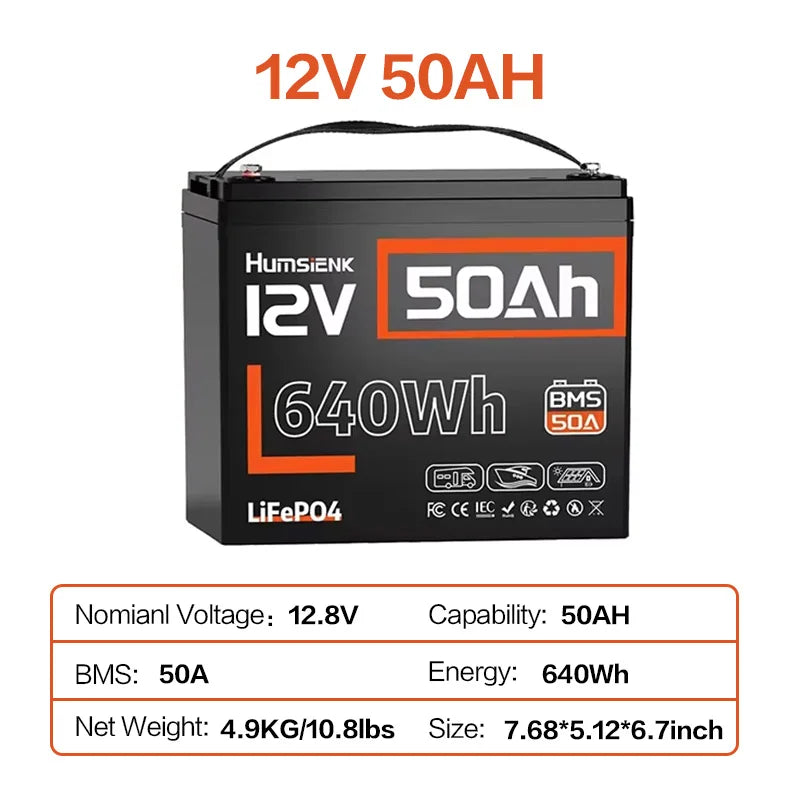 Humsienk 12V LiFePO4 Battery with BMS, 50Ah–314Ah Capacity – 12V 50AH