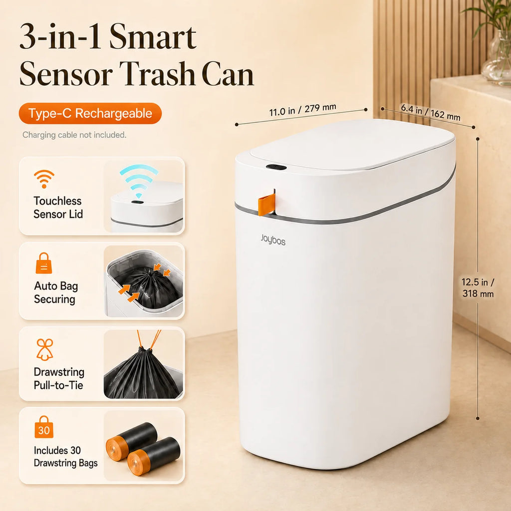 Joybos Smart Induction Trash Can, 8.2L Touchless Garbage Bin – White