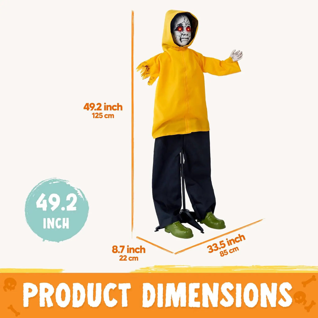 Dimensions diagram for a life-sized Halloween ghost animatronic in a yellow raincoat