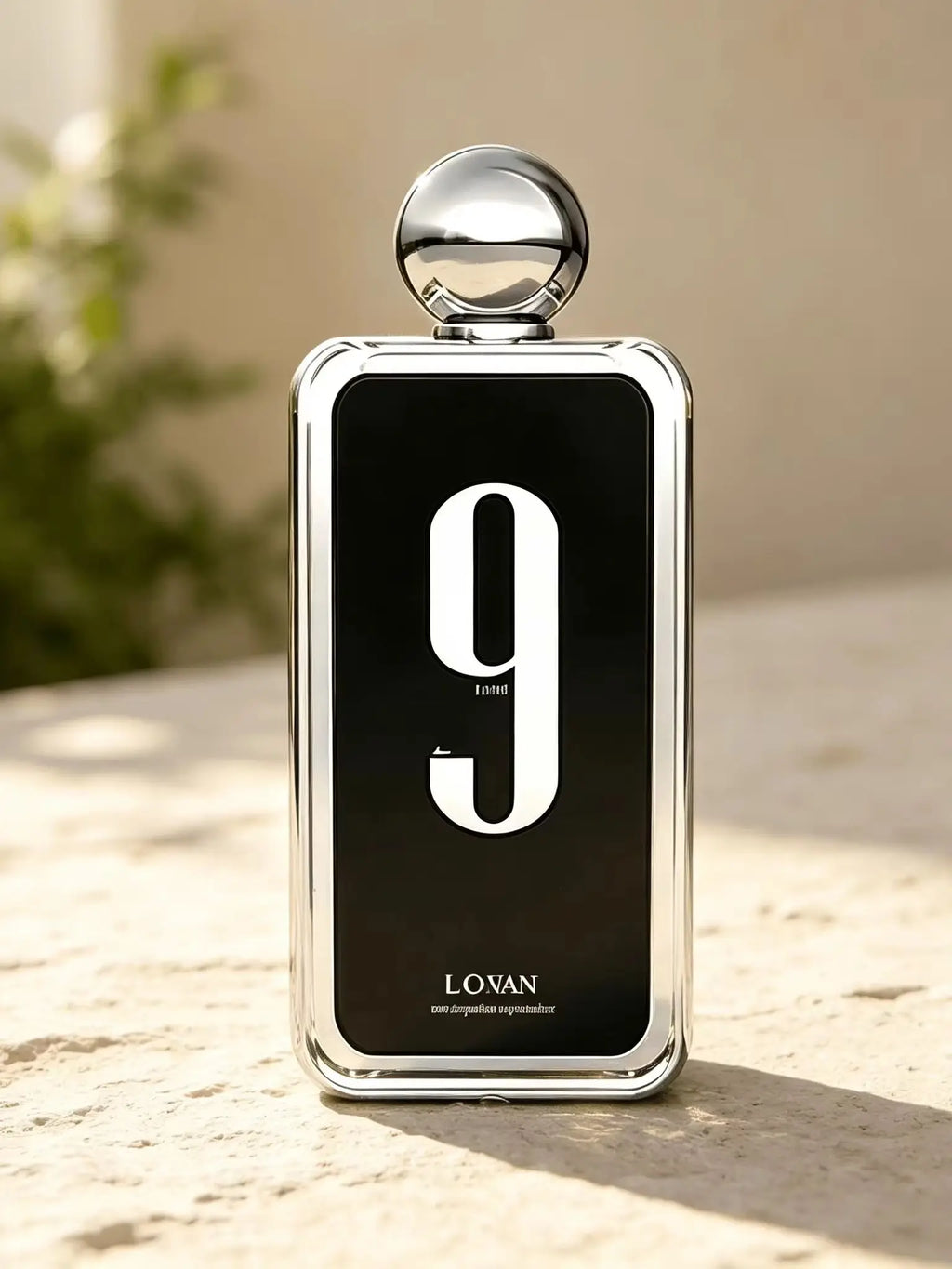 A rectangular black perfume bottle with a silver frame and spherical cap featuring the number 9, on a textured stone surface