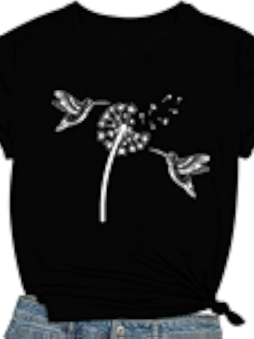 Black T-shirt with a white graphic print of a dandelion and two hummingbirds