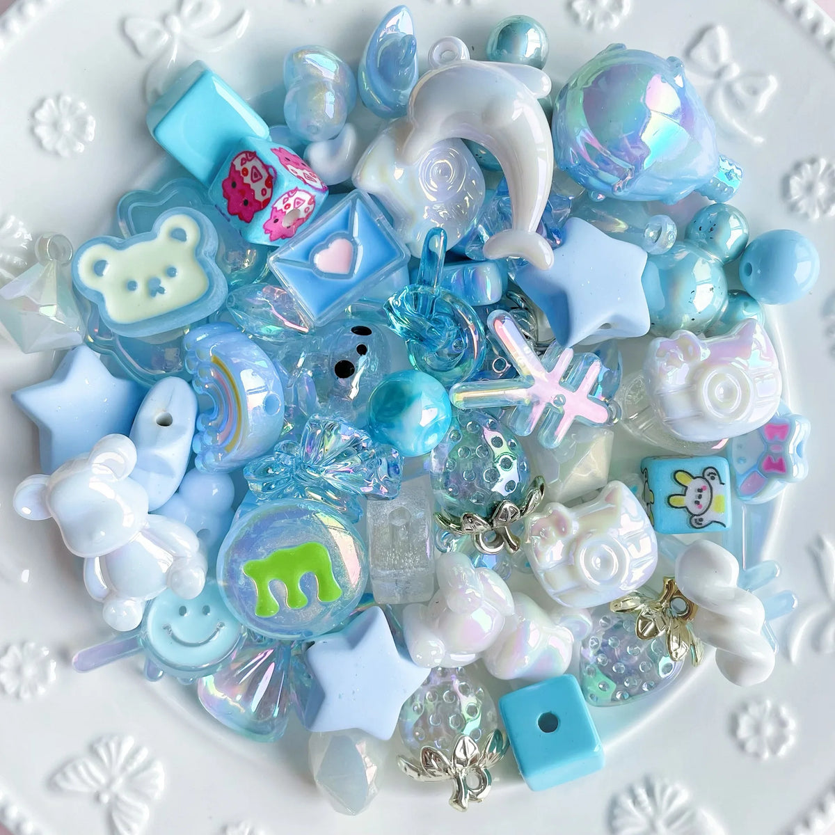 20g Y2K Acrylic Mixed Bowknot, Flower, and Heart Beads for DIY Jewelry – B Blue