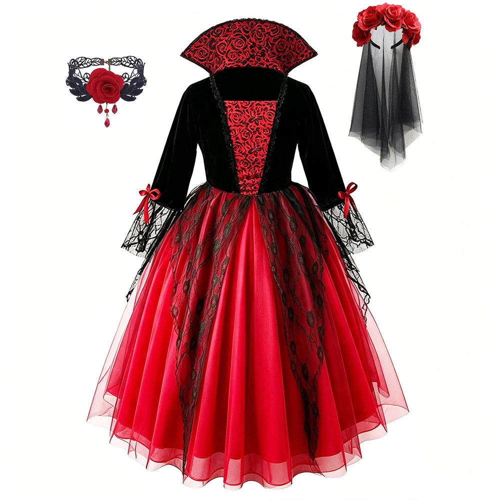 Girls Halloween Vampire Cosplay Dress Mid-Calf Costume – Girls vampire D