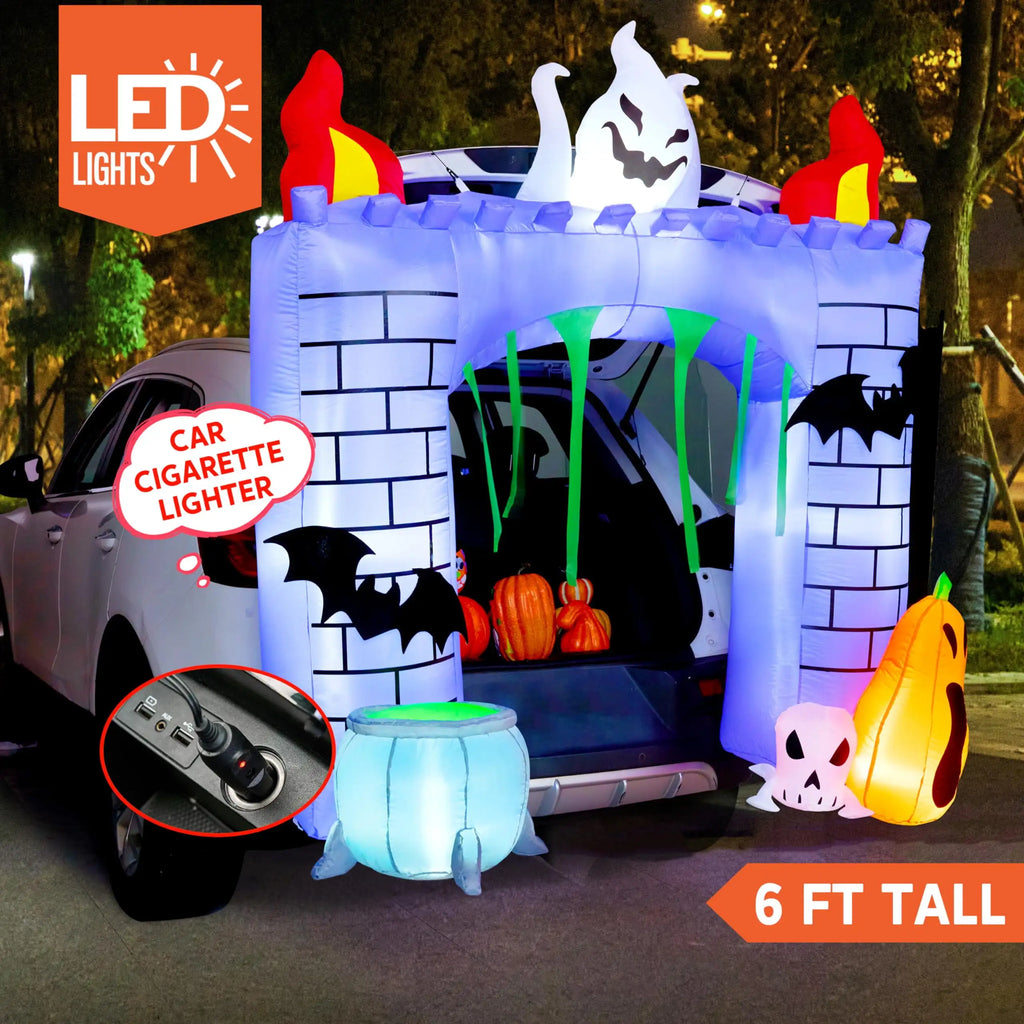 Halloween haunted castle trunk-or-treat inflatable with LED lights and car charger power source