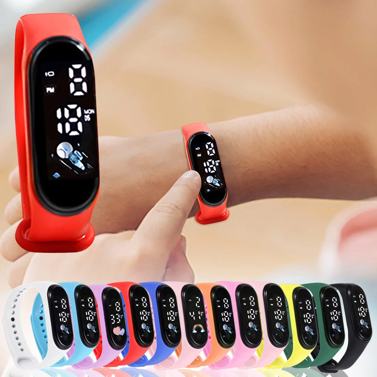 A variety of colorful silicone digital sports watches for kids with LED displays showing icons like astronauts and rainbows.