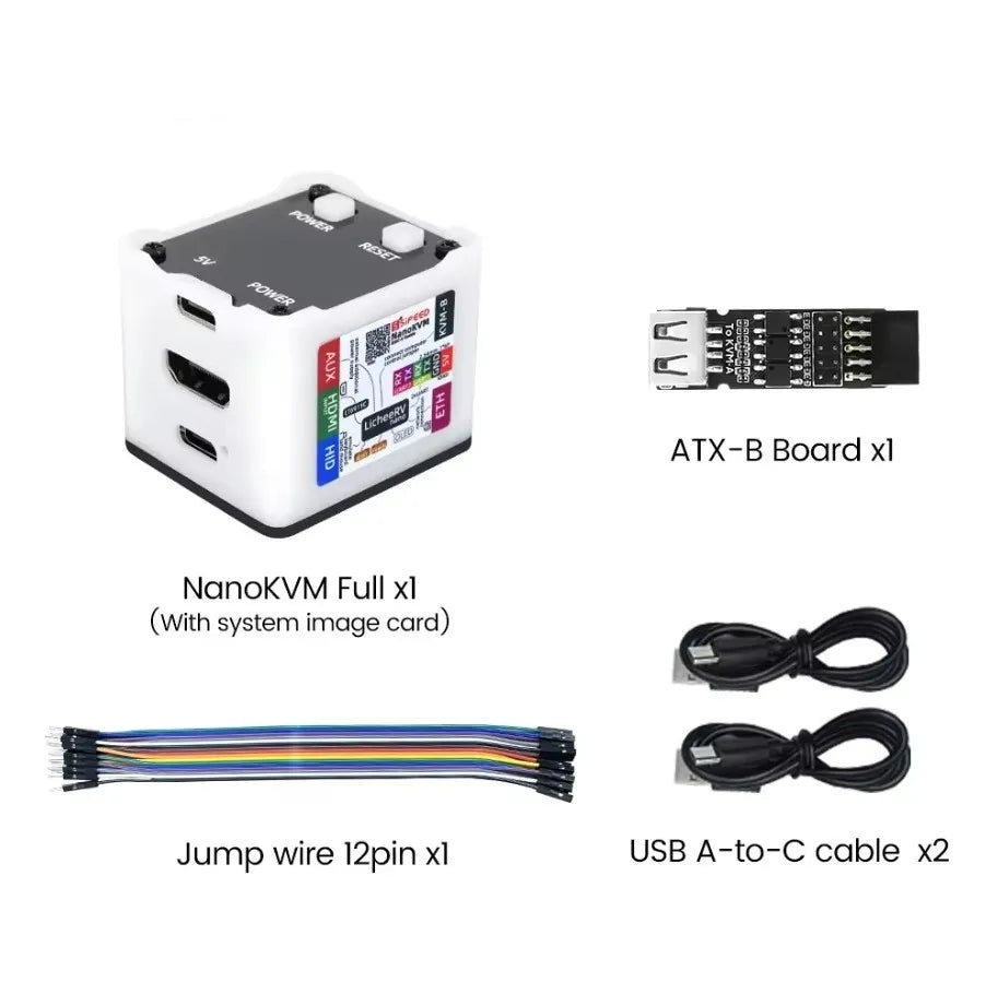 NanoKVM Full kit contents including module, ATX board, jump wires, and USB cables