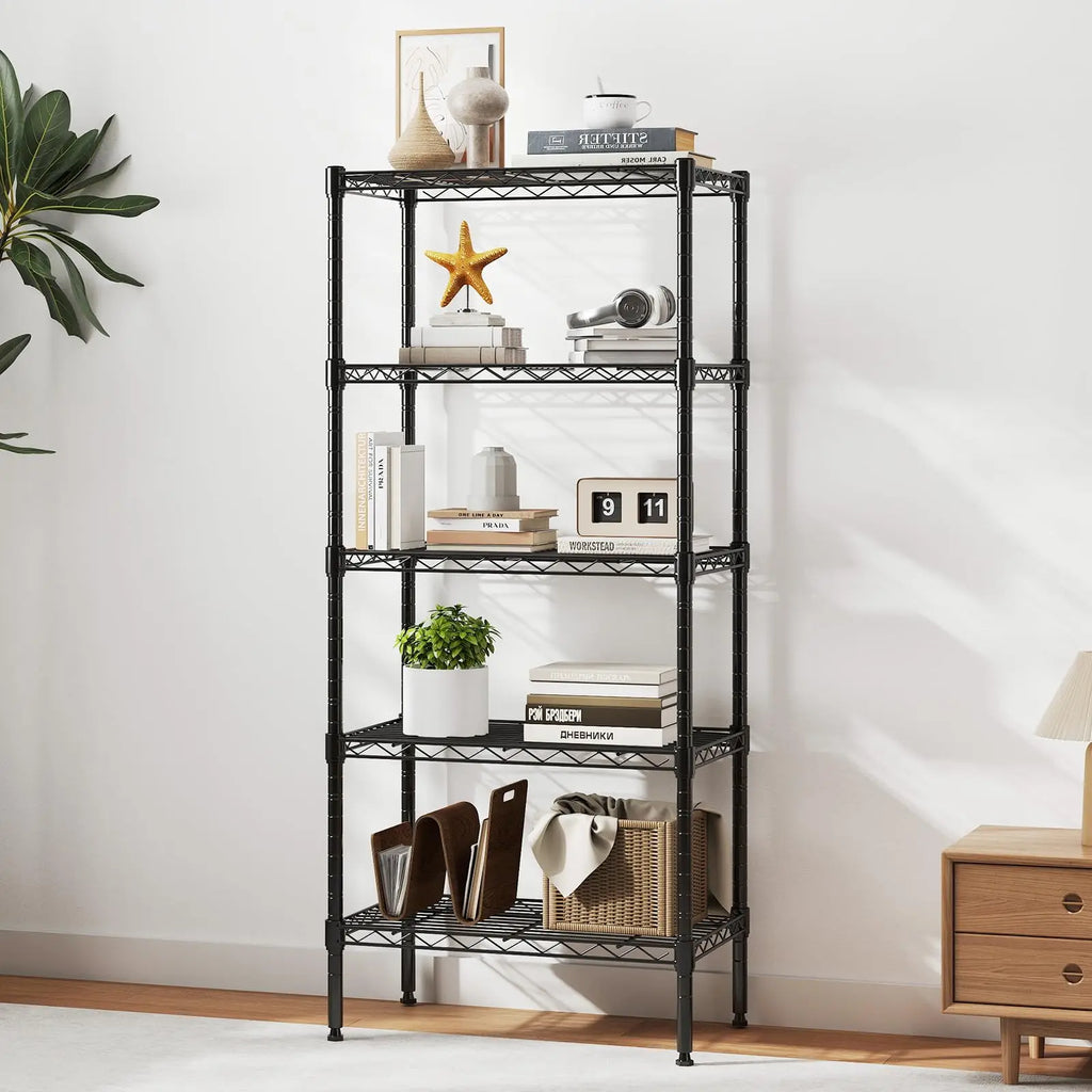 A black 5-tier metal wire storage shelf unit with books, decorative items, and a plant on its shelves.