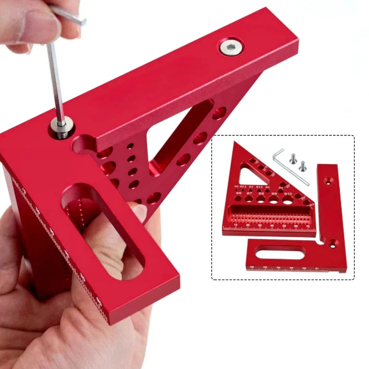 Red multi-angle carpenter square ruler being adjusted with a hex key