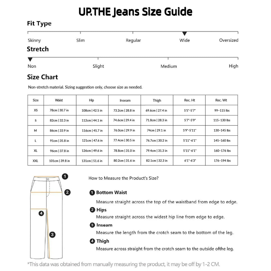 Size chart and measurement guide for denim jeans