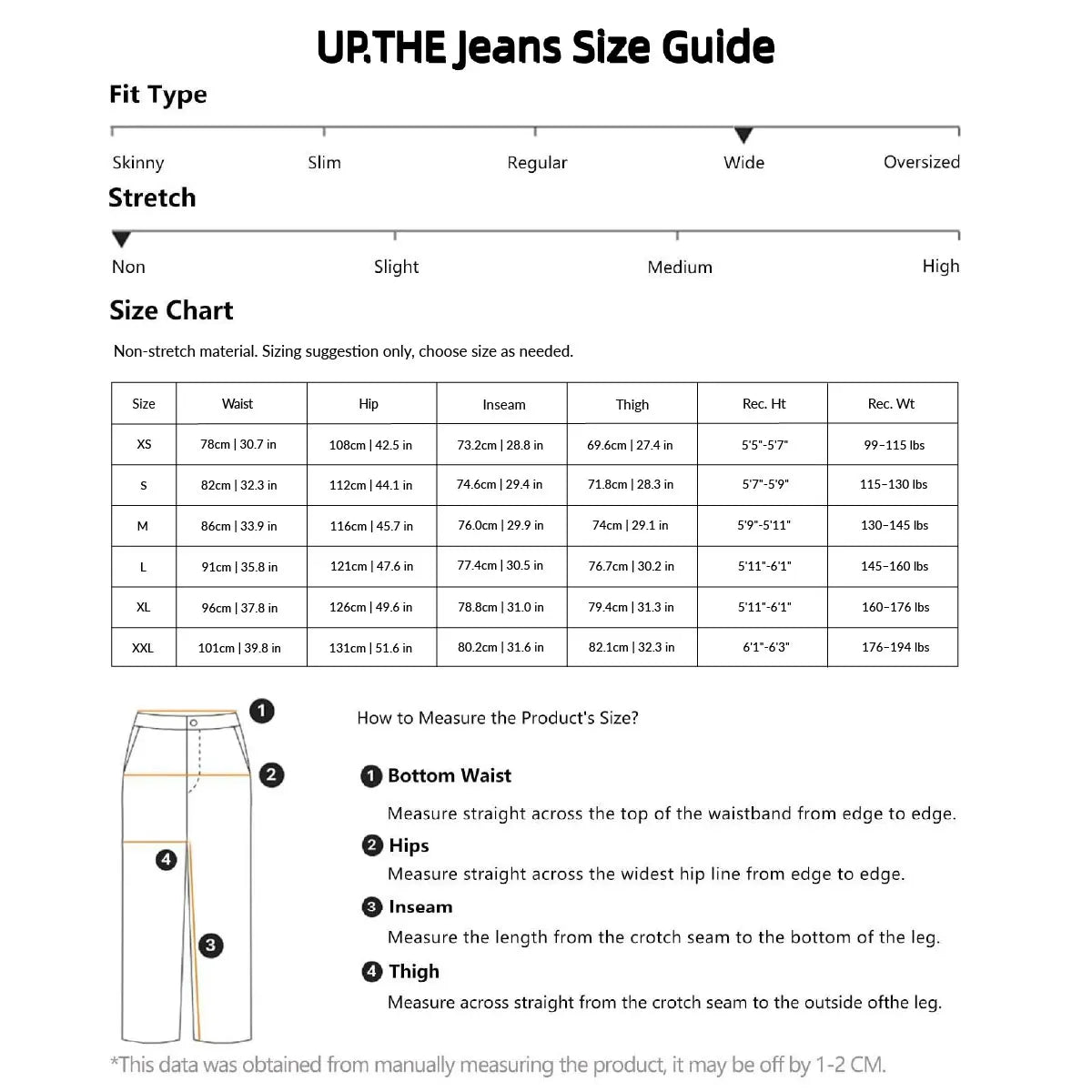 Size chart for baggy wide leg denim jeans