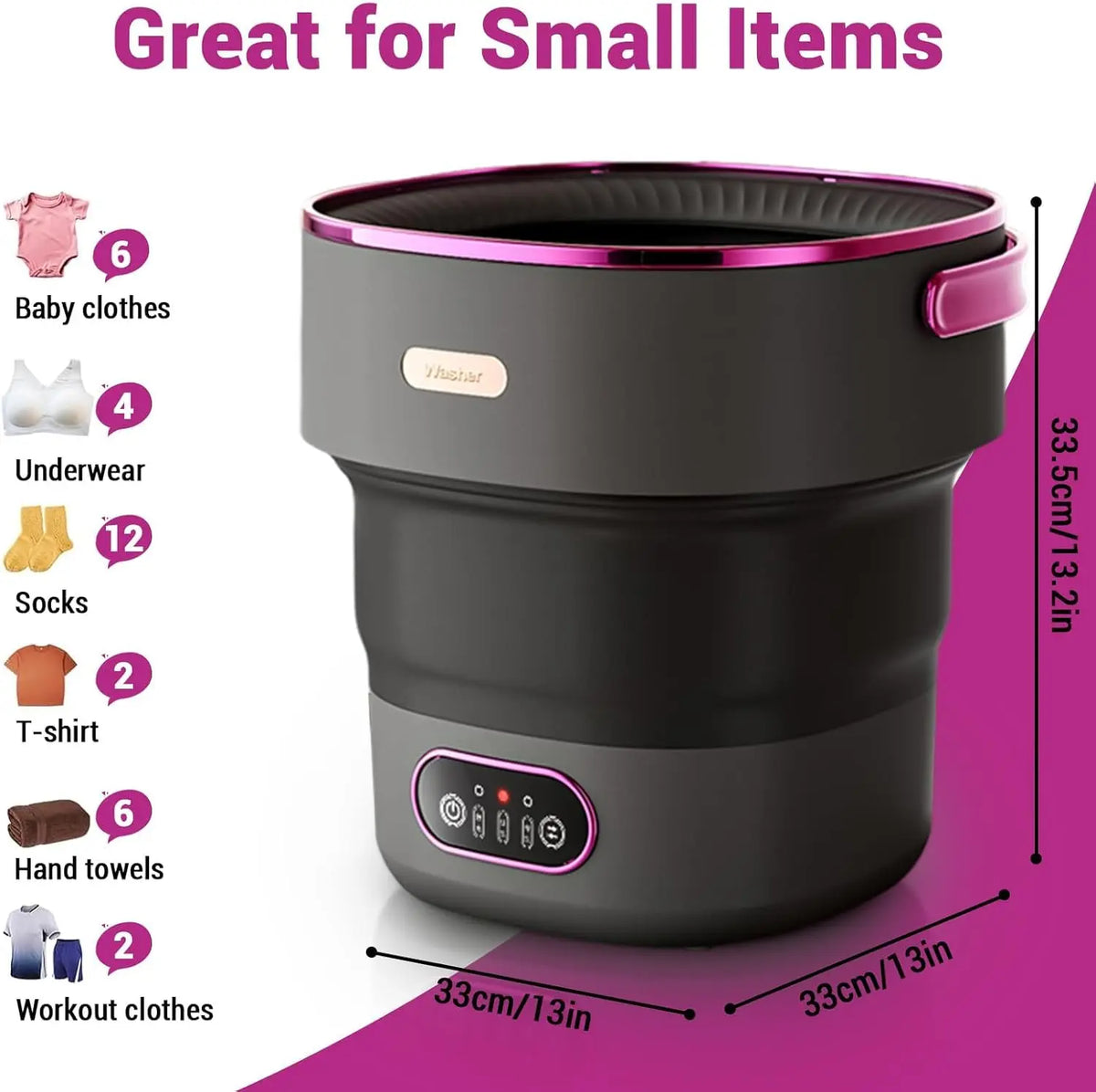 Dark grey foldable mini washing machine with dimensions and laundry capacity icons.