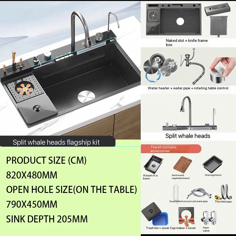 304 Stainless Steel Single Bowl Kitchen Sink with Digital Display and Faucet – FM 8248