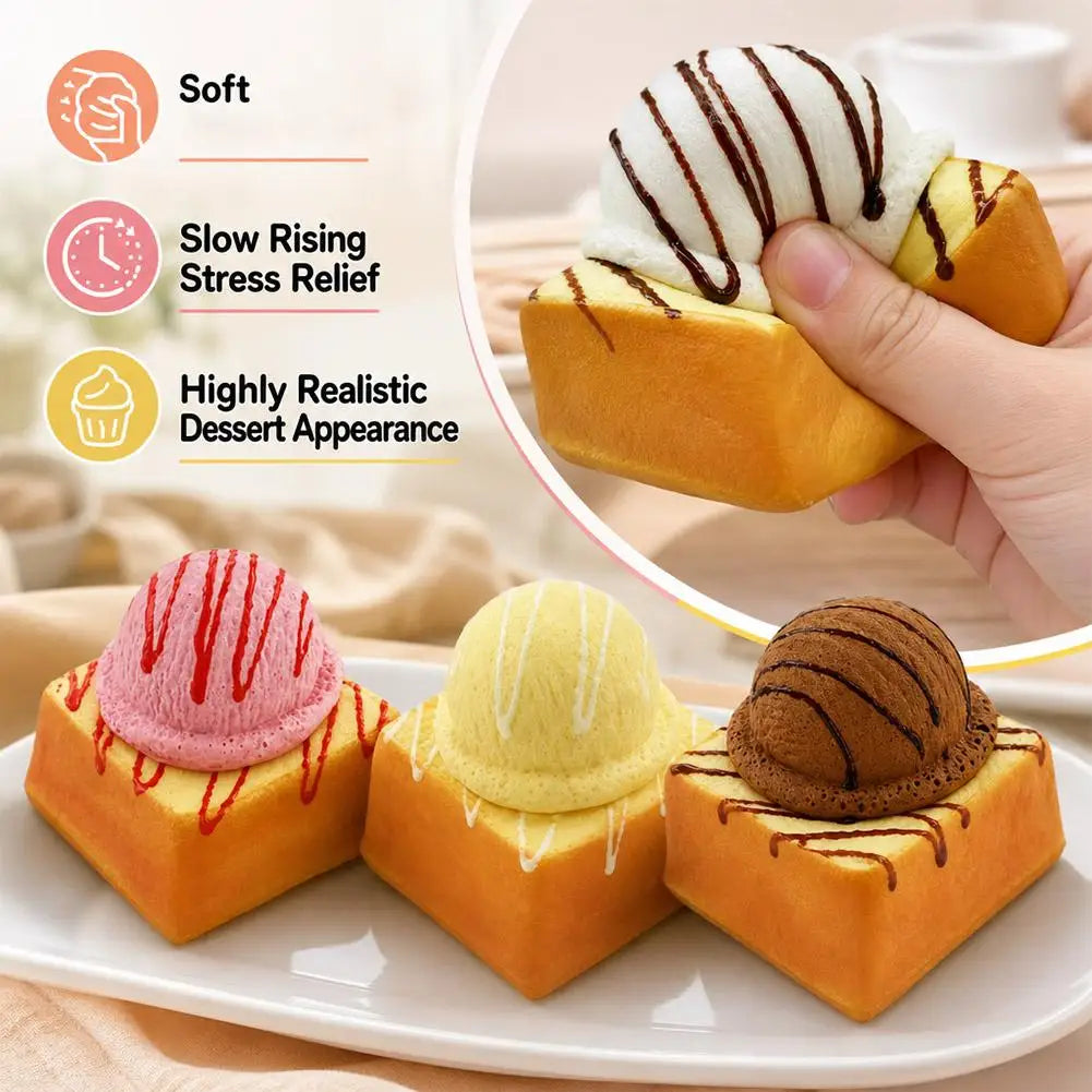 Soft squishy toy shaped like toast bread with ice cream scoop on top