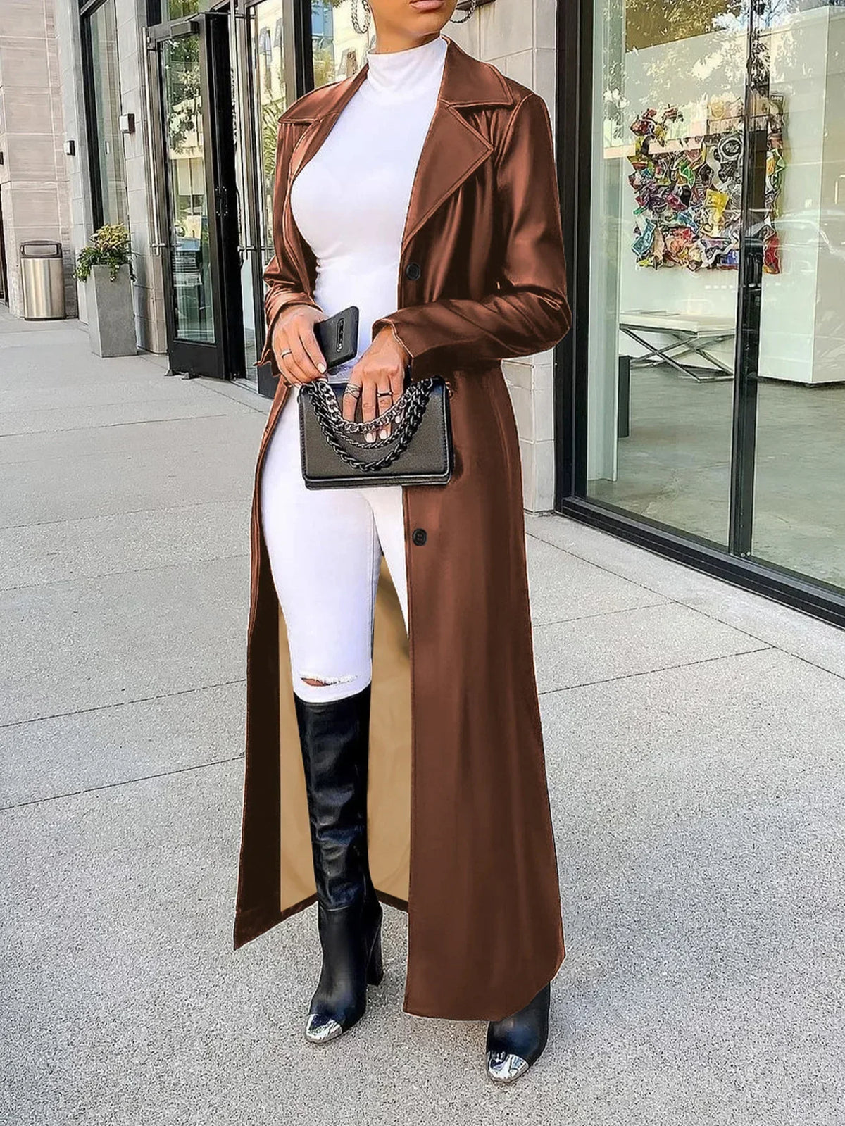 Women’s Long PU Leather Trench Coat - Winter Single-Breasted Outerwear – Khaki
