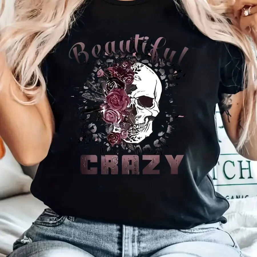 Skull & Letter Print Crew Neck T-Shirt for Women – Black