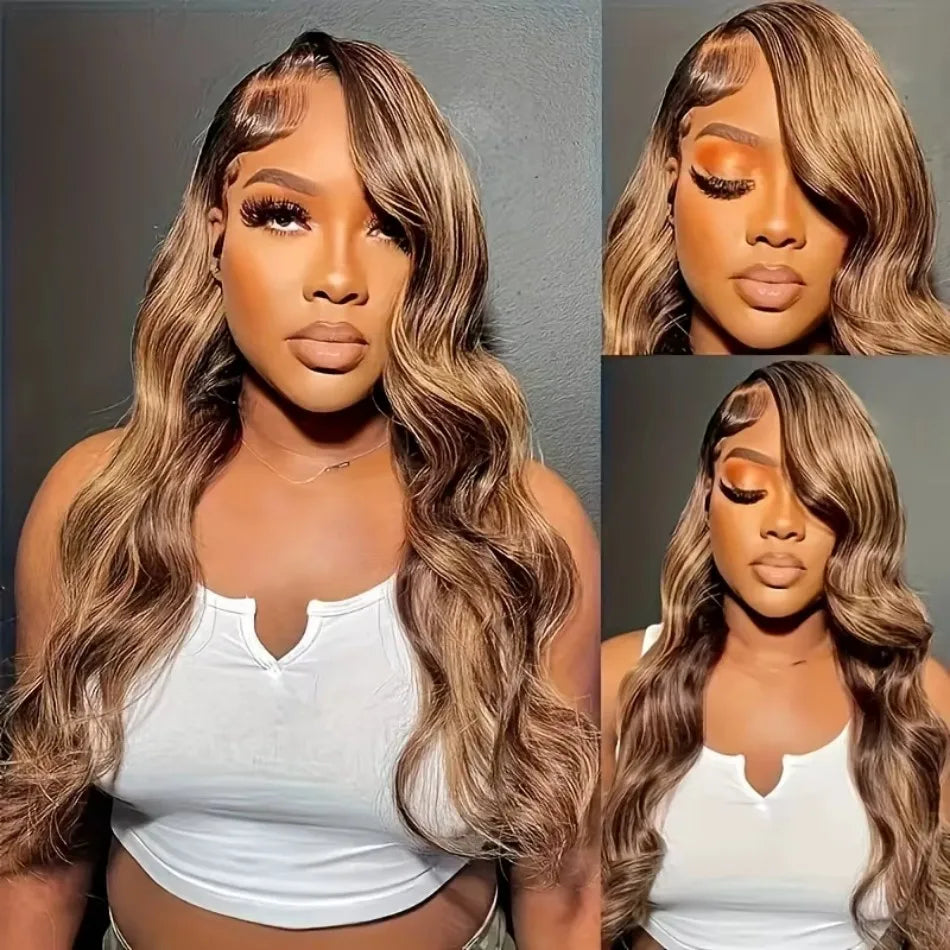 Model wearing a highlighted brown and blonde body wave lace front wig