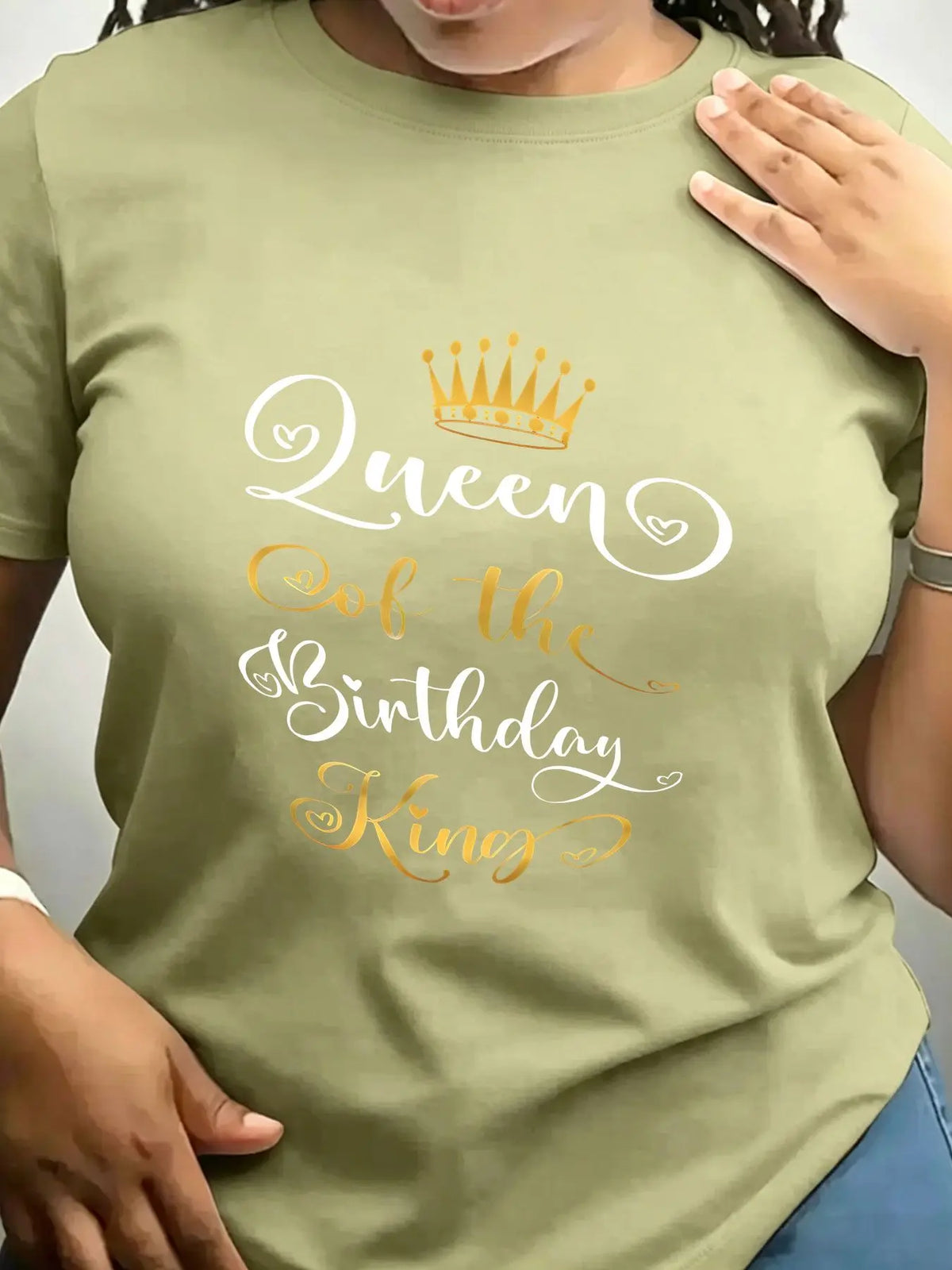 Olive green crew neck t-shirt for women with gold and white Queen of the Birthday King crown graphic.