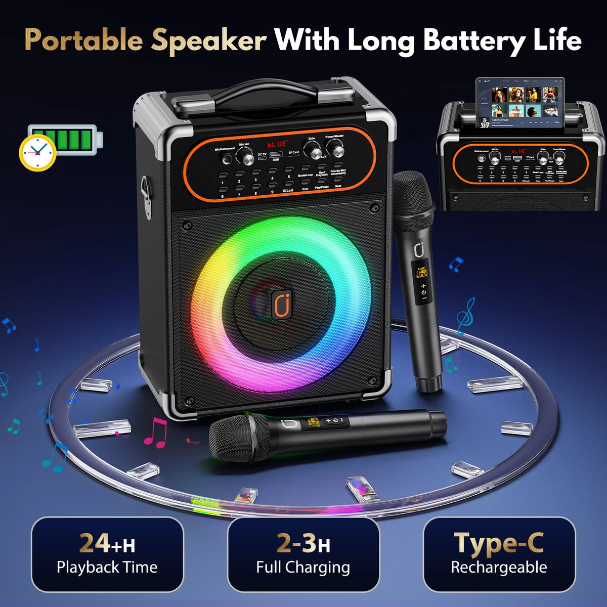 S68 Kara Ok with 2 Microphones, Portable Bluetooth 5.3 Kara Ok Speaker,Echo Adjustment, Supports Tv through Auxiliary – view 2