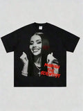 Black cotton unisex short sleeve crewneck graphic t-shirt with rapper print