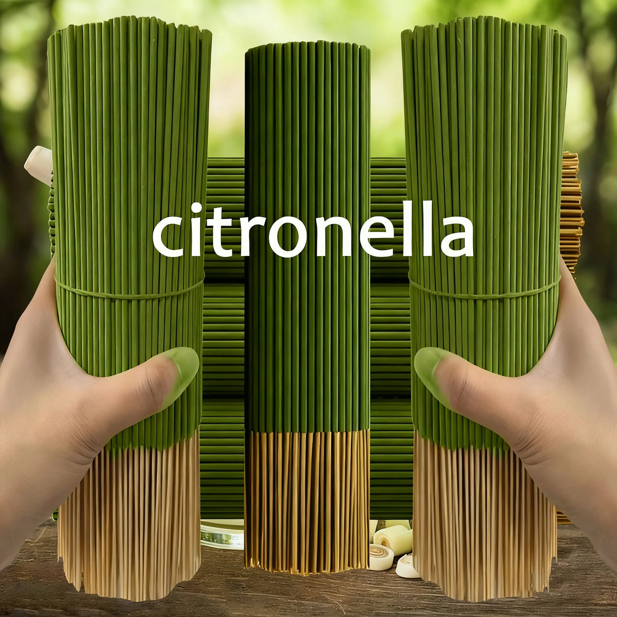 Green and brown citronella incense sticks bundles being held by hands