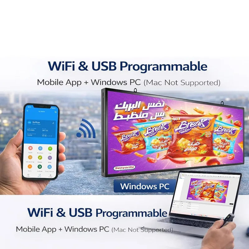 Programmable LED sign board with a smartphone and laptop shown for wireless configuration.