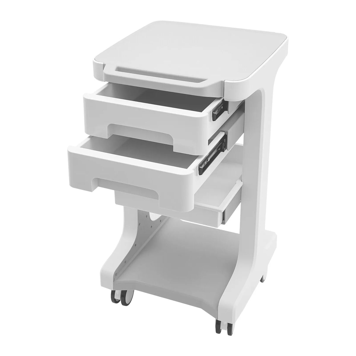 White mobile storage cart with drawers partially open