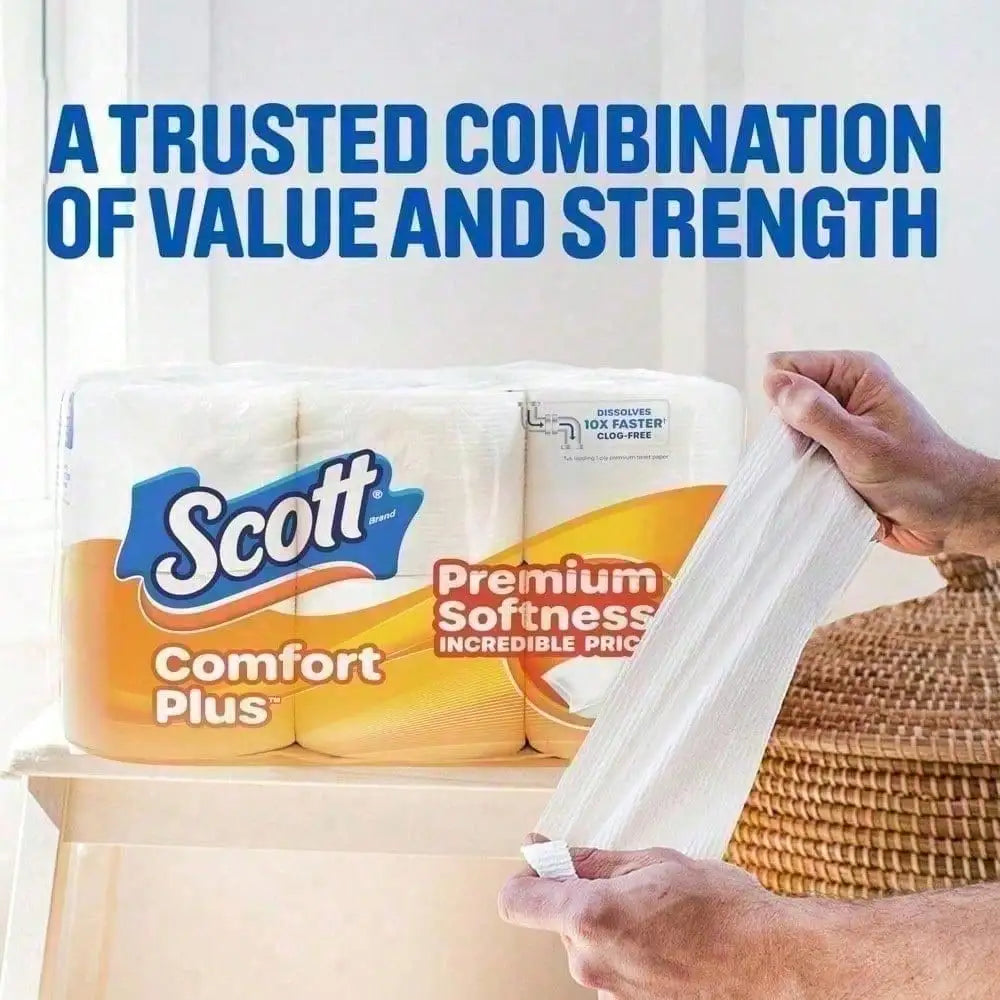 Hands holding a sheet of white bathroom tissue with a pack in the background