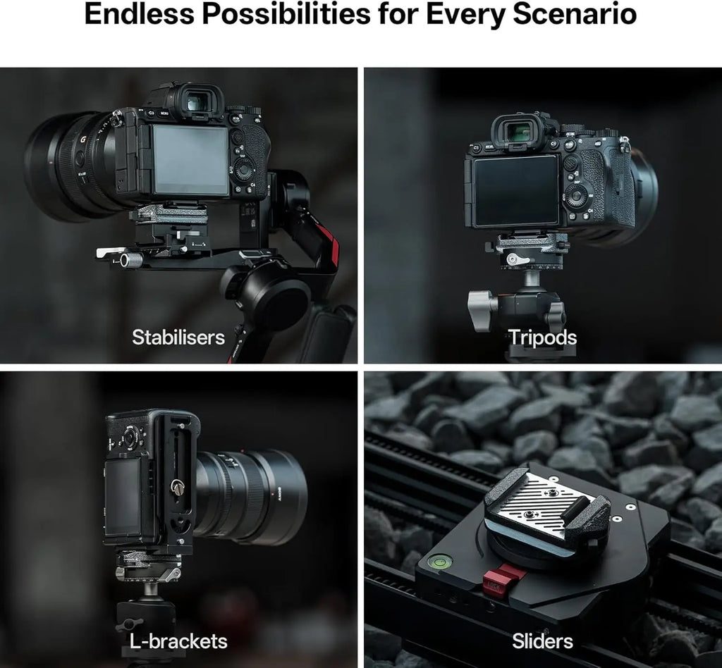 Versatile camera mount usage on stabilizers, tripods, L-brackets and sliders