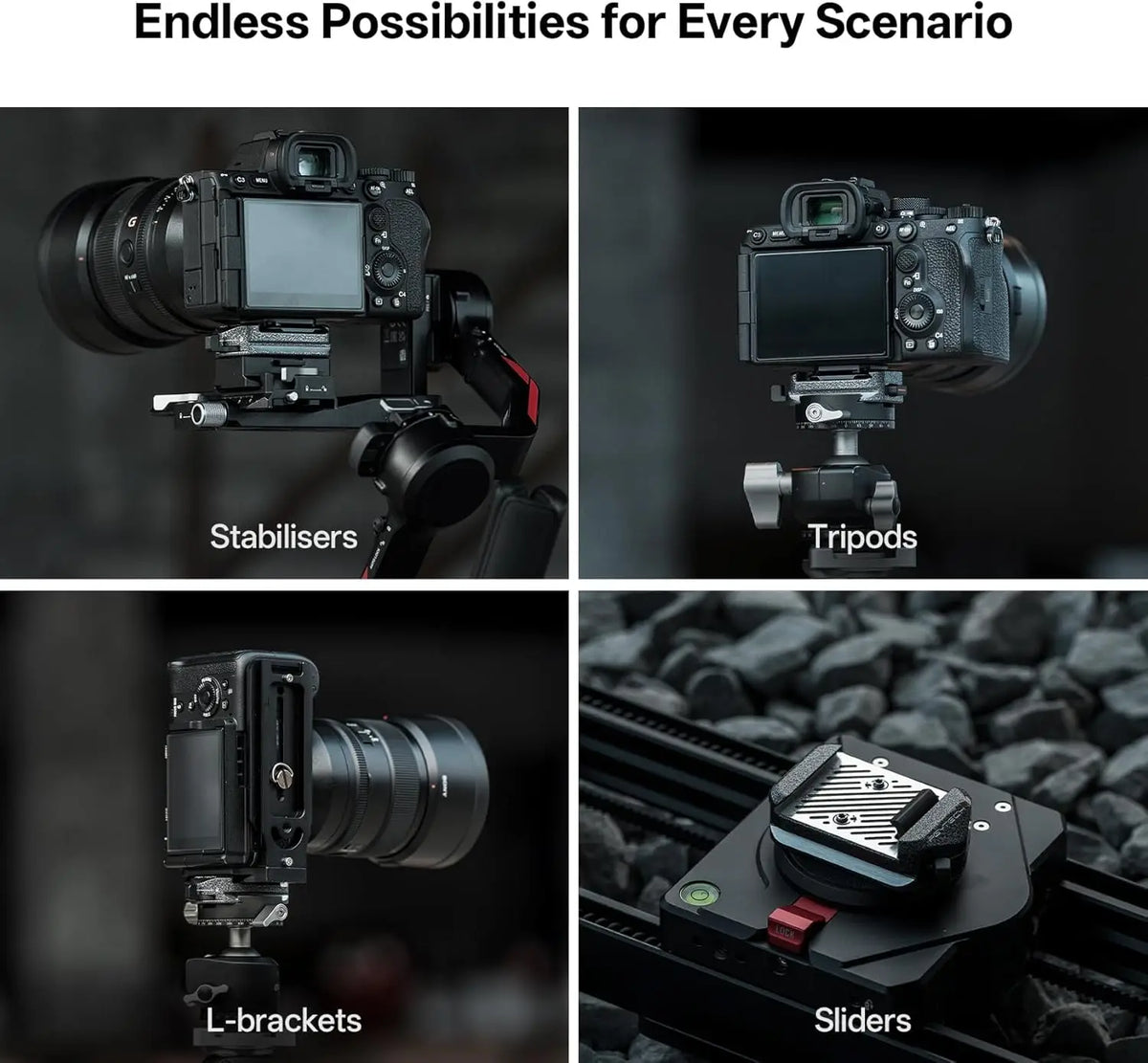 Versatile camera mount usage on stabilizers, tripods, L-brackets and sliders