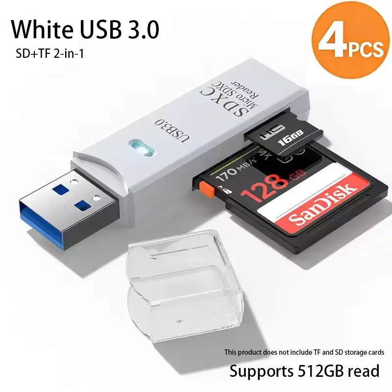 2-in-1 USB Memory Card Reader for SD and TF Cards – 4pcs White3.0