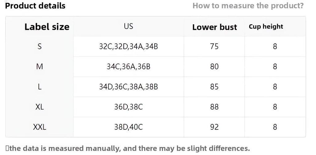 A size guide table for women's bras showing measurements in centimeters for various sizes