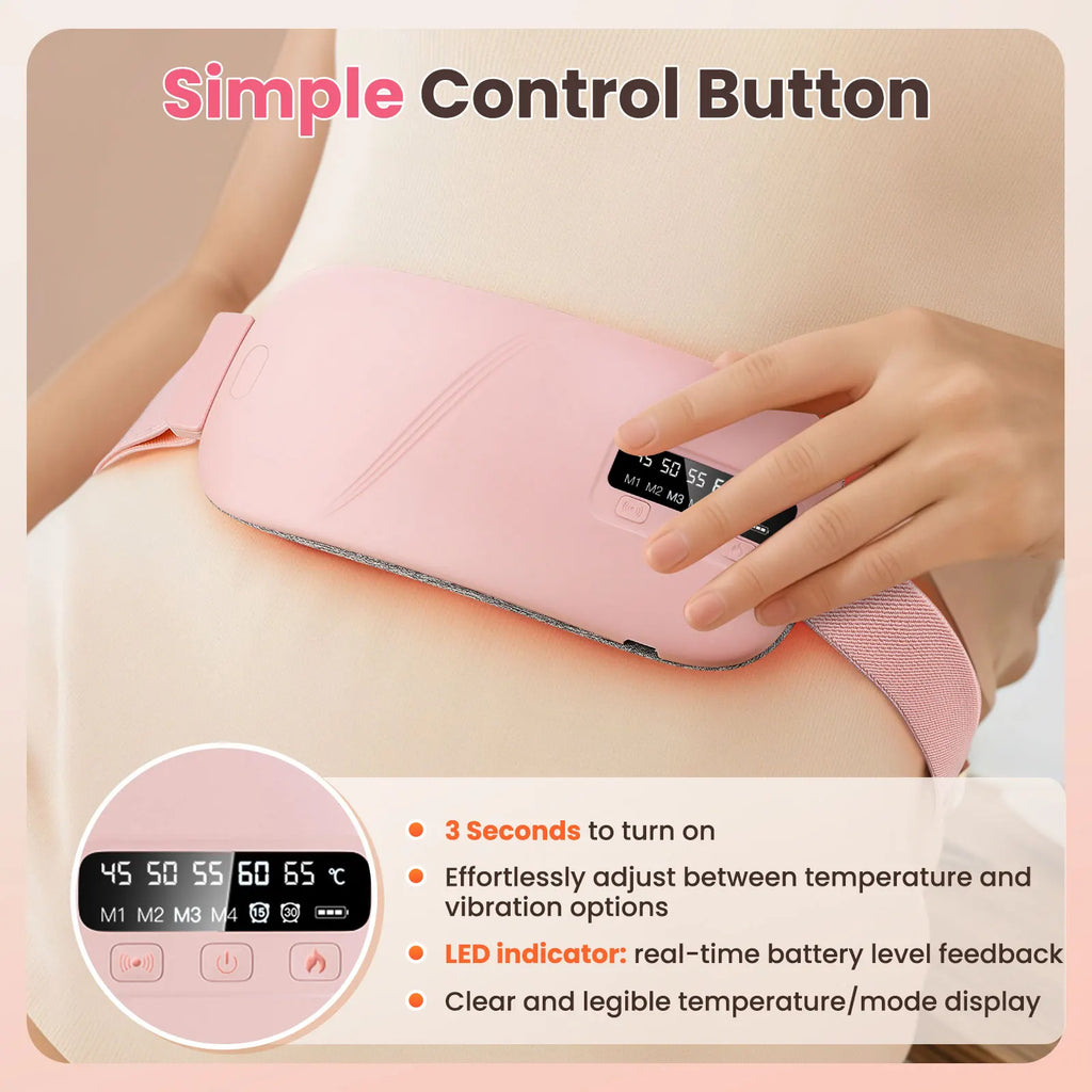 Close-up of a hand using the control button on a pink electric menstrual heating belt