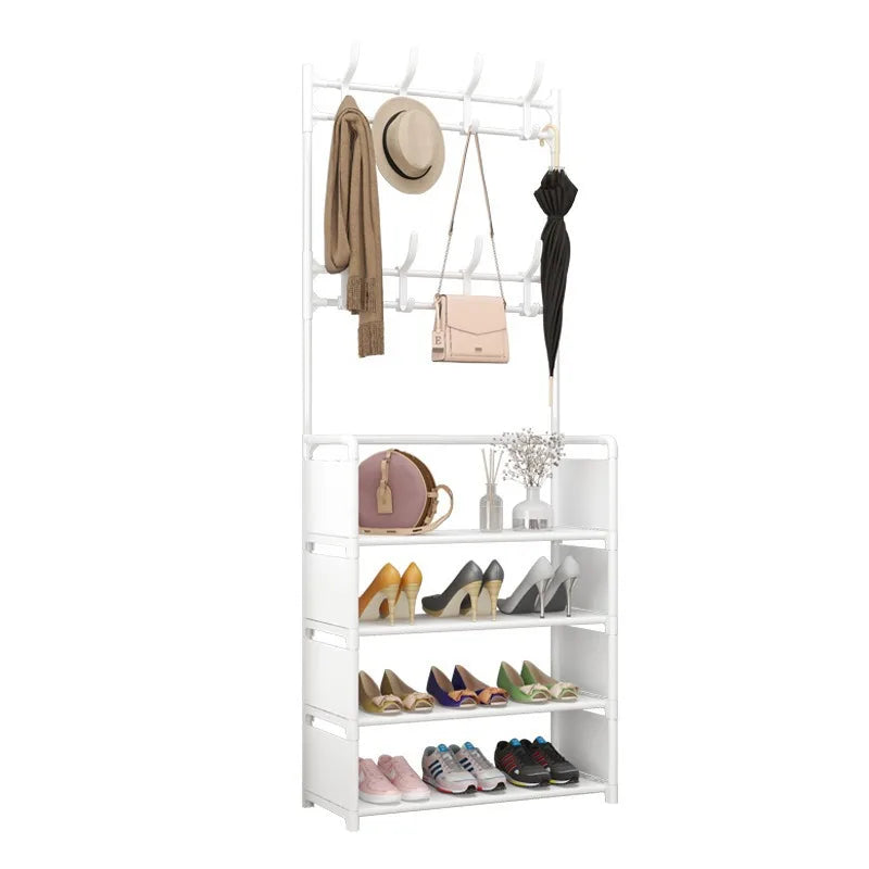 White 4-tier metal floor standing coat rack and shoe storage shelf