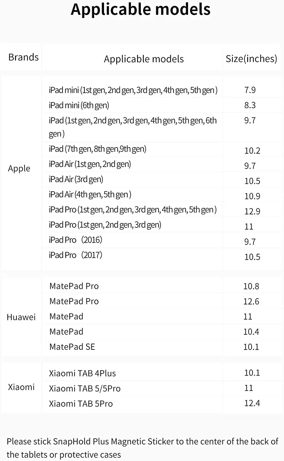 Table of tablet models and sizes compatible with the magnetic adhesive sticker mount