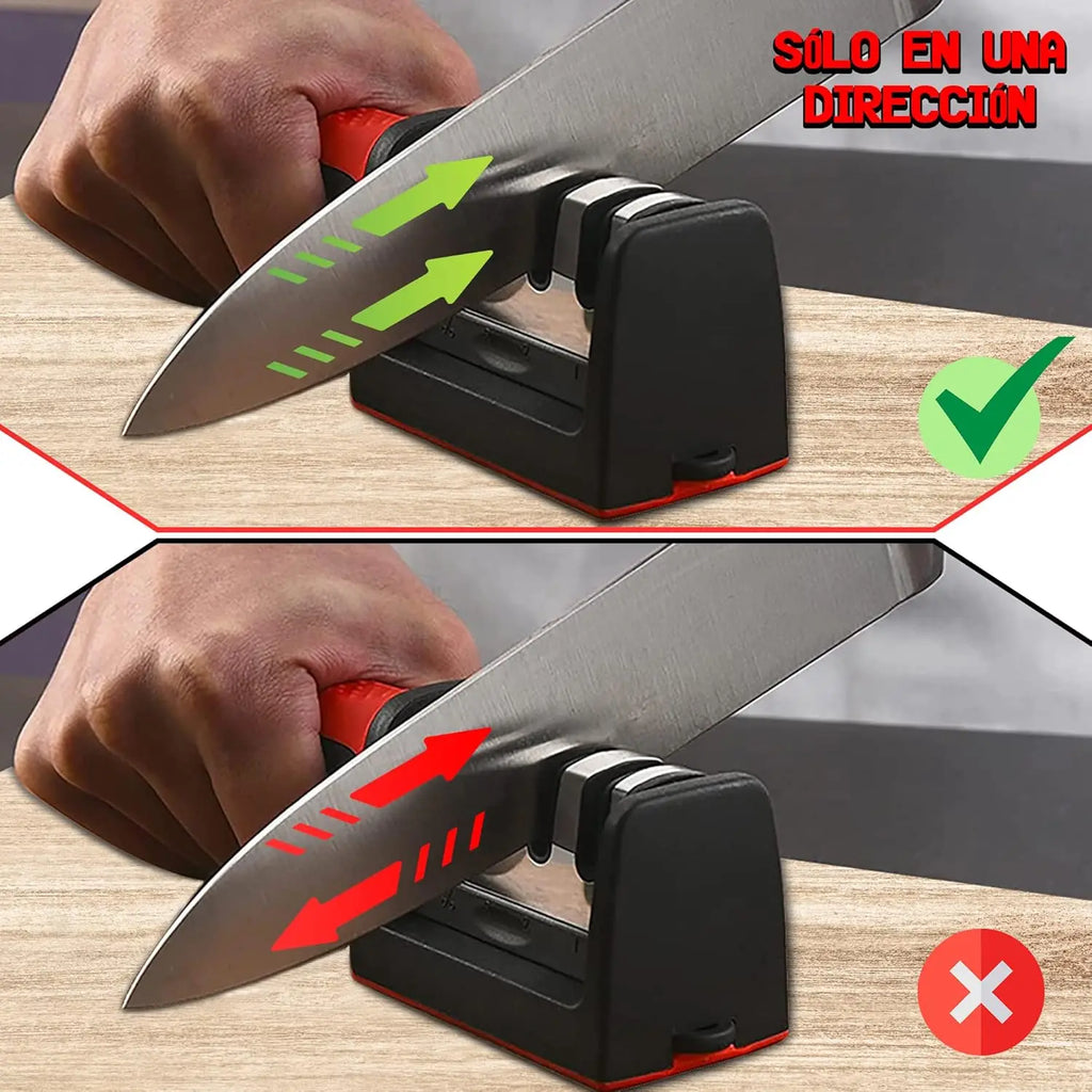 Demonstration of correct and incorrect usage of a knife sharpener with directional arrows.