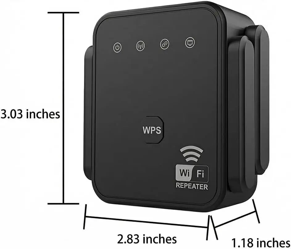 Black wireless Wi-Fi repeater with external antennas showing physical dimensions