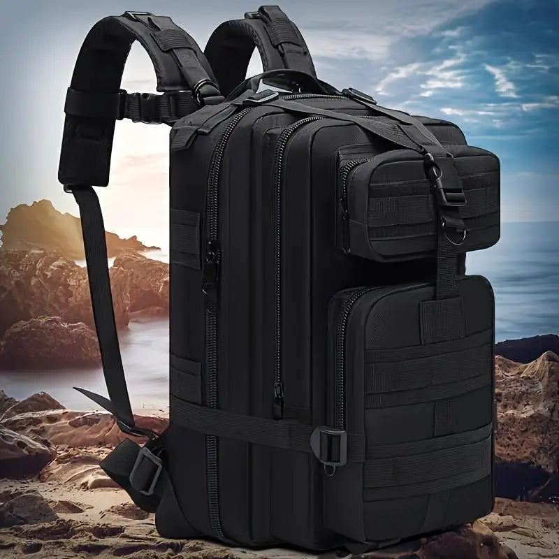 Black tactical backpack for hiking
