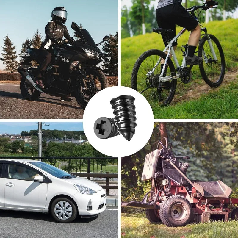 Rubber tire repair screws shown with a motorcycle, a bicycle, a car, and a lawn mower