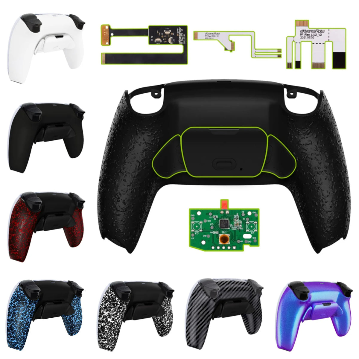 A variety of remappable back shell components and circuit board parts for game controllers in different colors and patterns