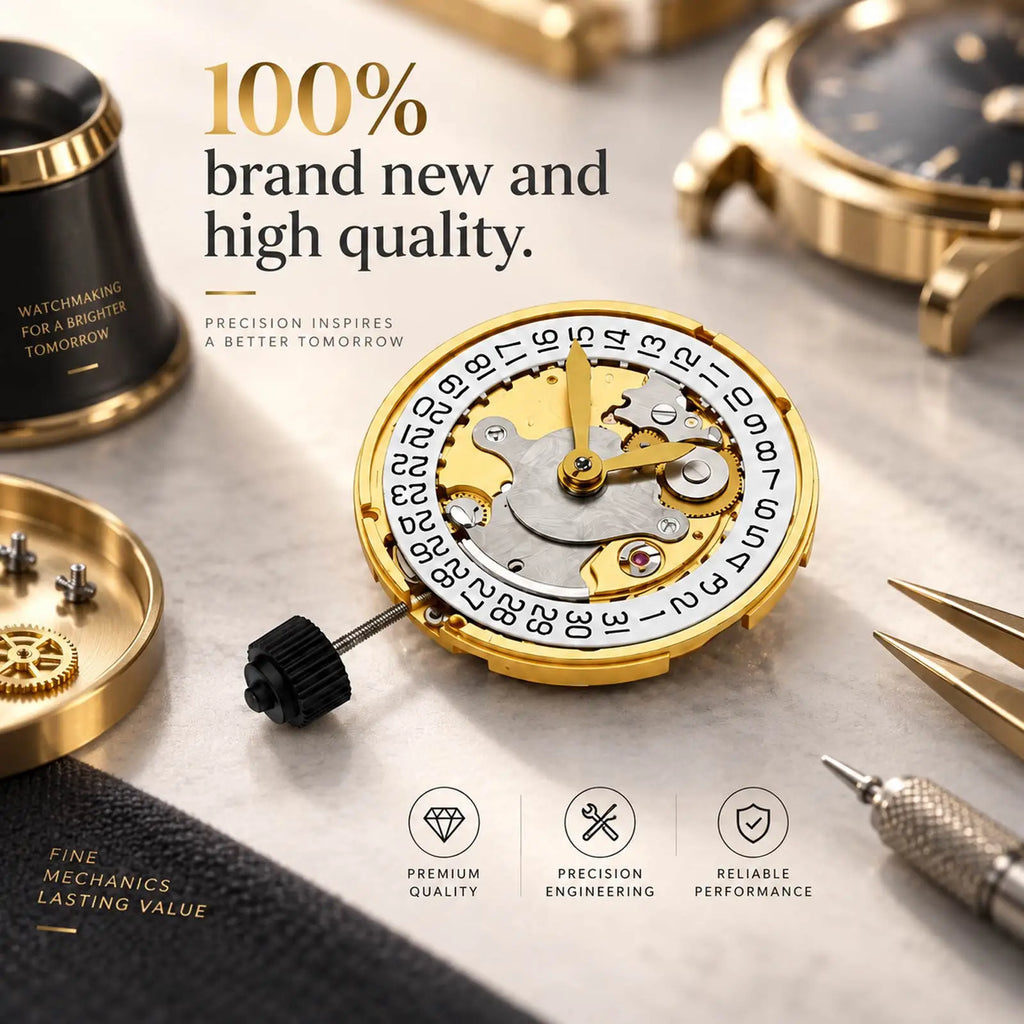 A mechanical watch movement on a workstation table surrounded by tools with promotional marketing text