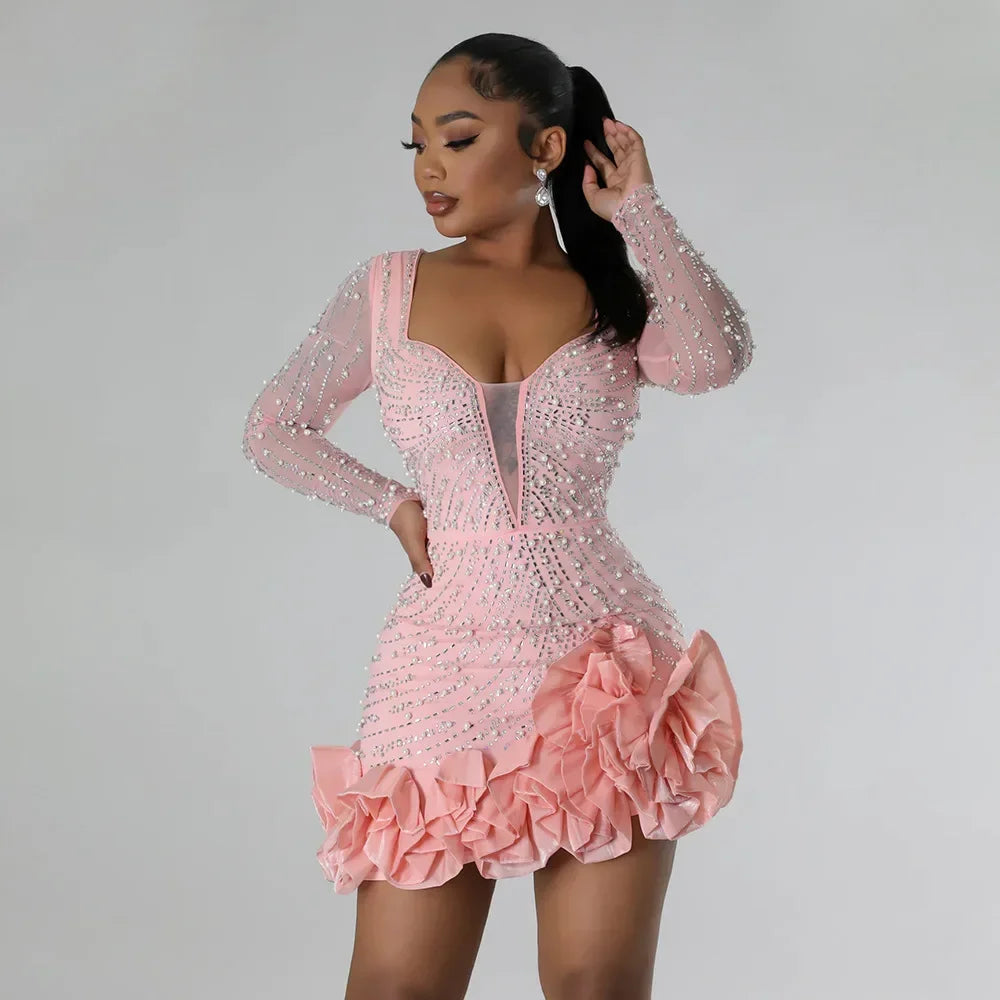Women’s Square Collar Mini Dress with Beading and Long Sleeves – Pink