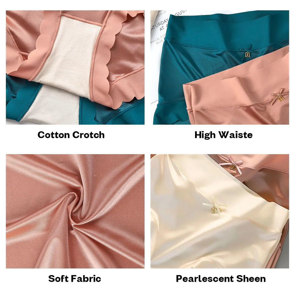 Four close-up photos of satin panties showing the cotton crotch, waistband, fabric texture, and sheen.