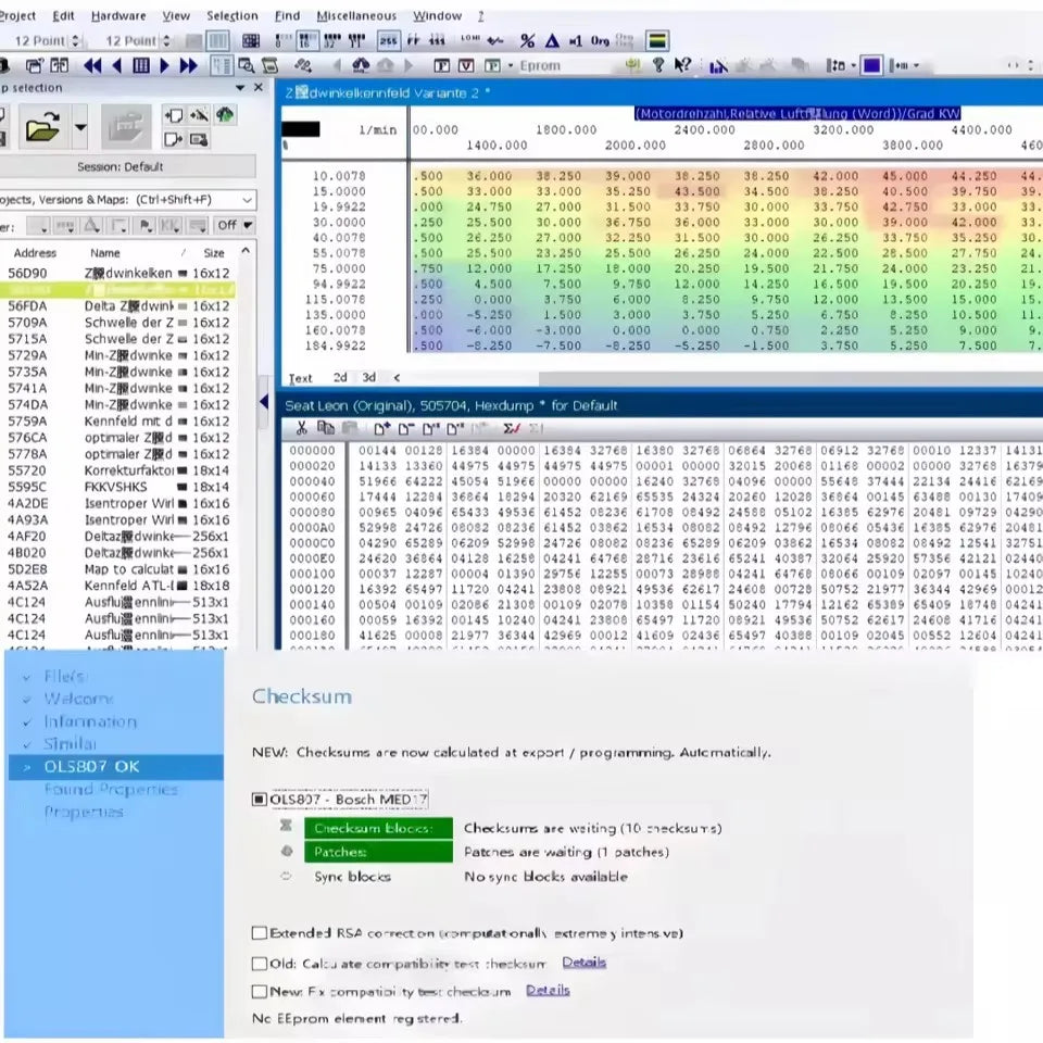 Software interface showing hexadecimal ECU data and checksum calculation status for engine remapping