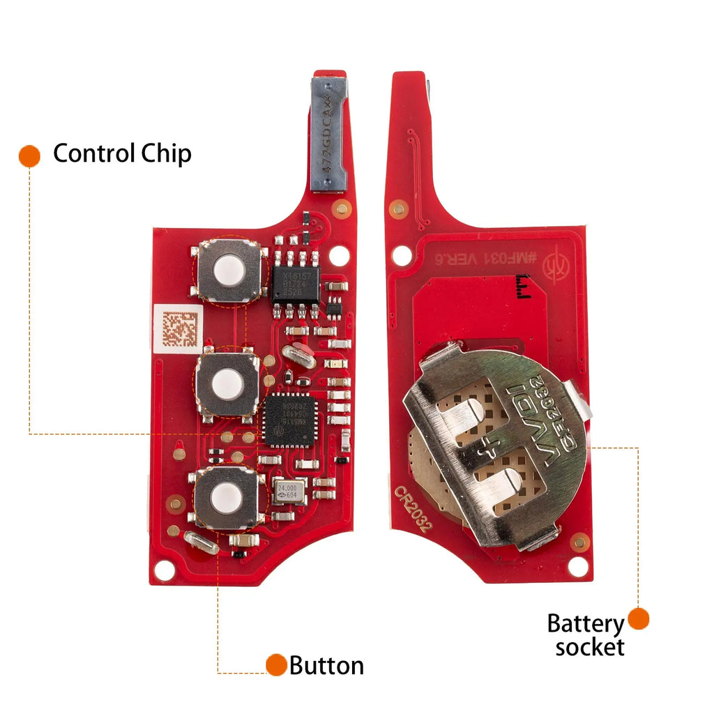 Internal electronic circuit board of a car remote key with labeled control chip, buttons, and battery socket
