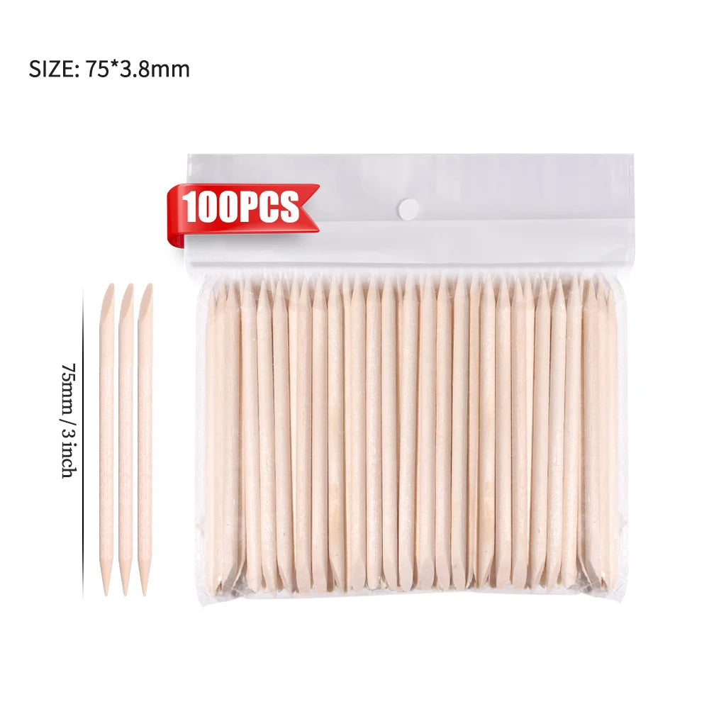 100-Piece Natural Orange Wood Nail Sticks, Double-Sided Cuticle Pushers – 75 mm