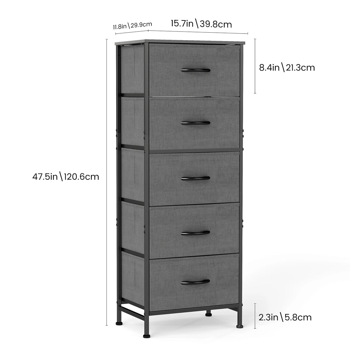 JHK 5-Drawer Dresser Bedroom Storage Cabinet, 47.7" Tall Fabric Chest – Gray