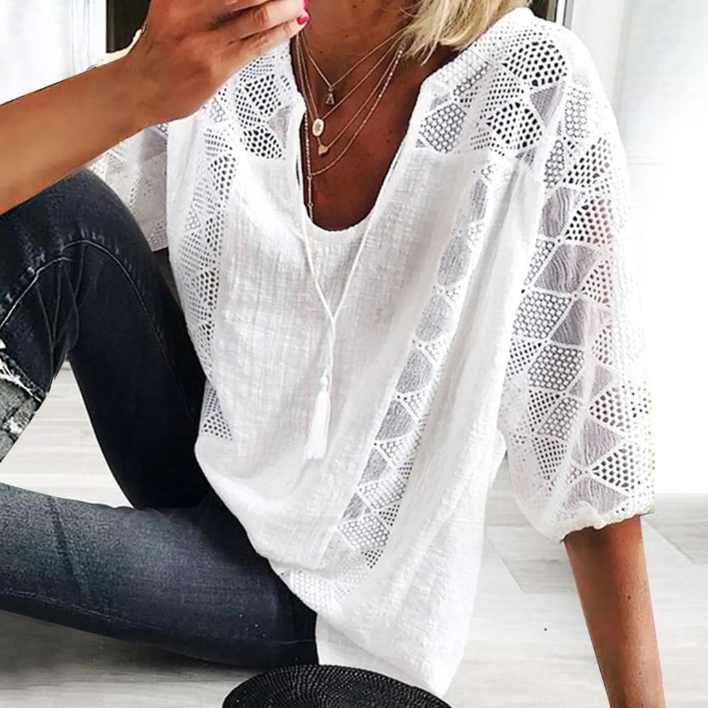 Women's Hollow U-Neck Top, 3/4 Sleeve Loose Fit Lace Blouse – White