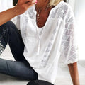 Women's Hollow U-Neck Top, 3/4 Sleeve Loose Fit Lace Blouse – White