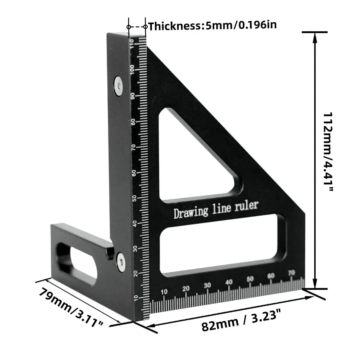 Dimensions of black aluminum multi-angle woodworking square ruler