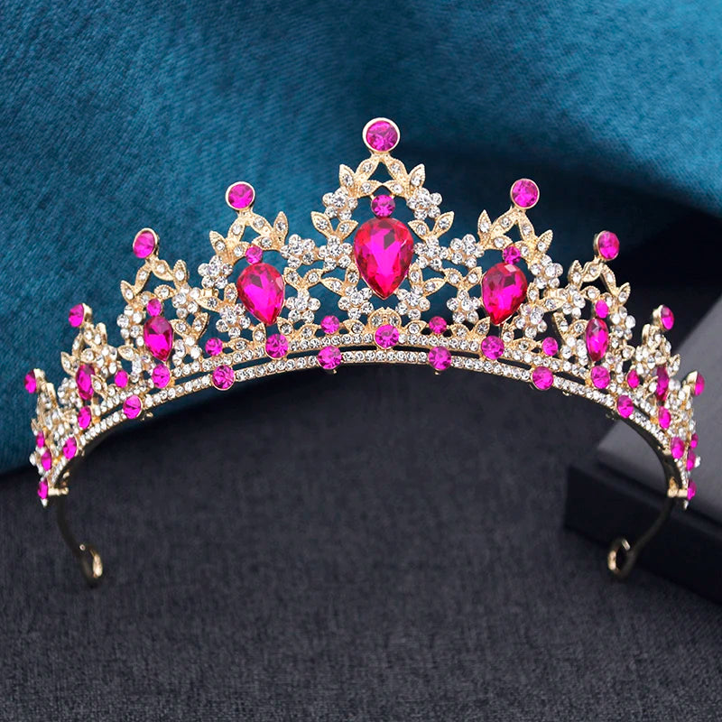 Princess Crown Bridal Tiara with Rhinestones, 13.5 cm Diameter – Rose Red